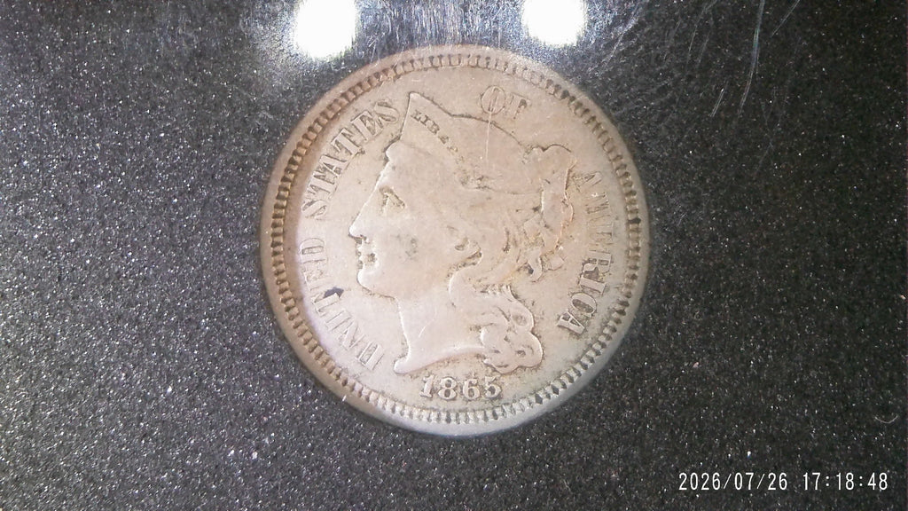 1865 VF-20 Nickel three cent