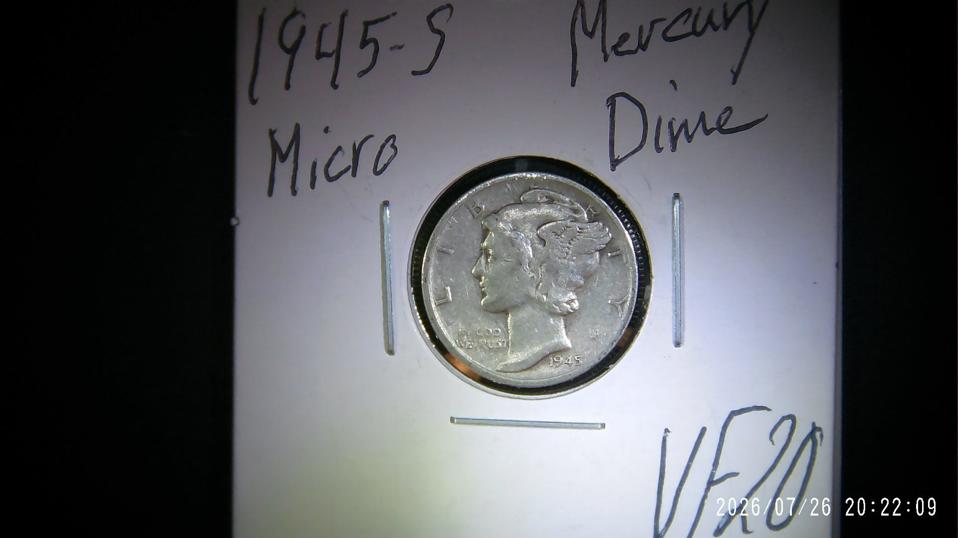 1945 Micro S Mercury Dime VF20