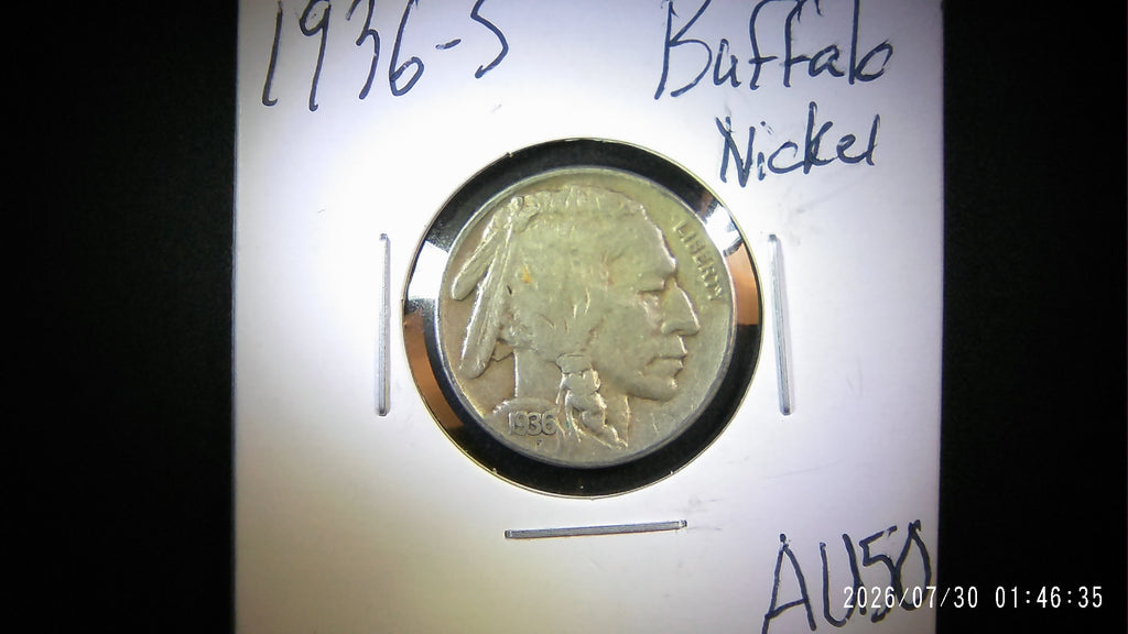 1936-S Buffalo Nickel AU50