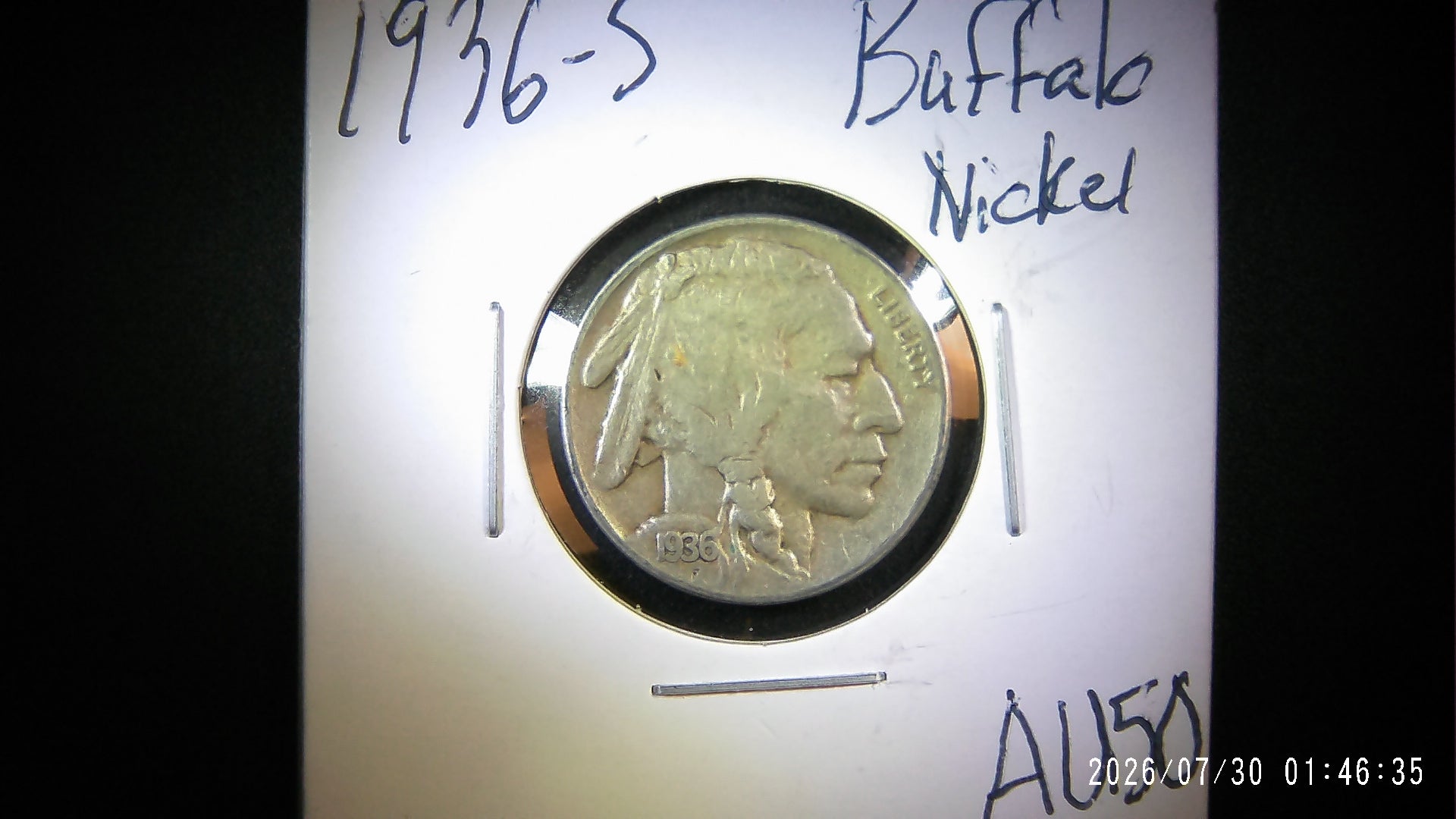1936-S Buffalo Nickel AU50